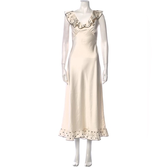 NWT Caroline Constas Ivory Ruffle Dress Polka Dot Trim  Cottagecore Size M - Picture 2 of 3